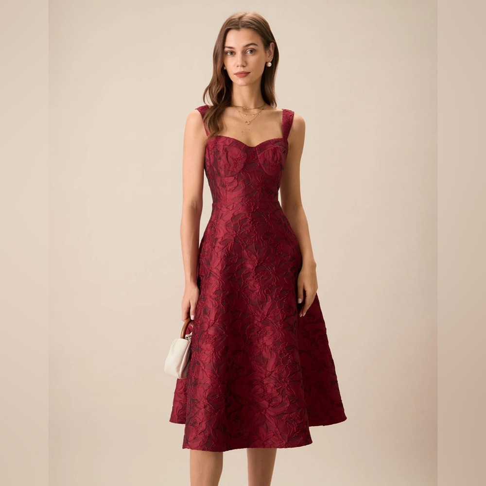 Rihoas Red Sweetheart Neck Jacquard Midi Dress